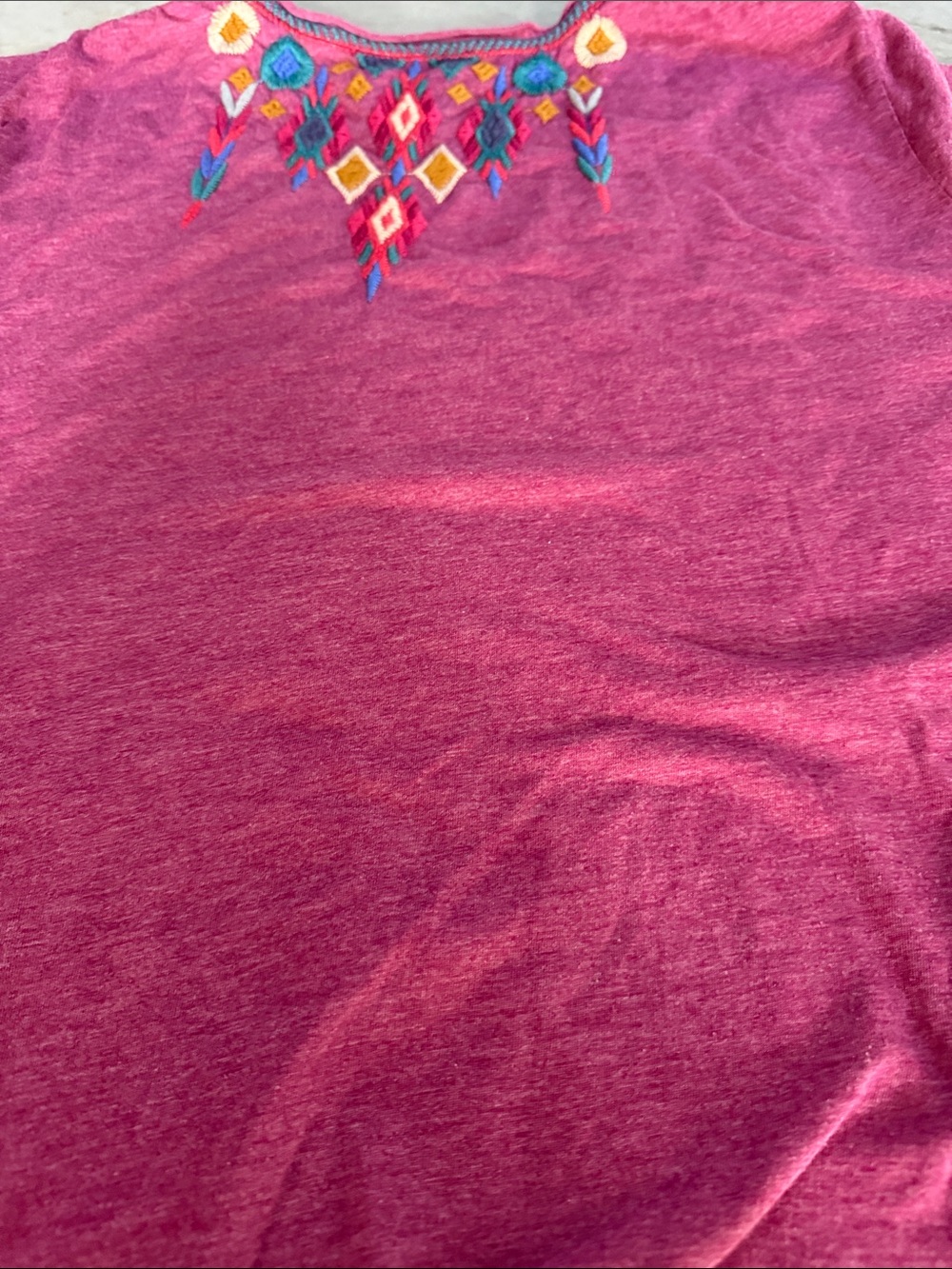 Johnny Was Magenta Pink Embroidered V-Neck Tee - Picture 7 of 9